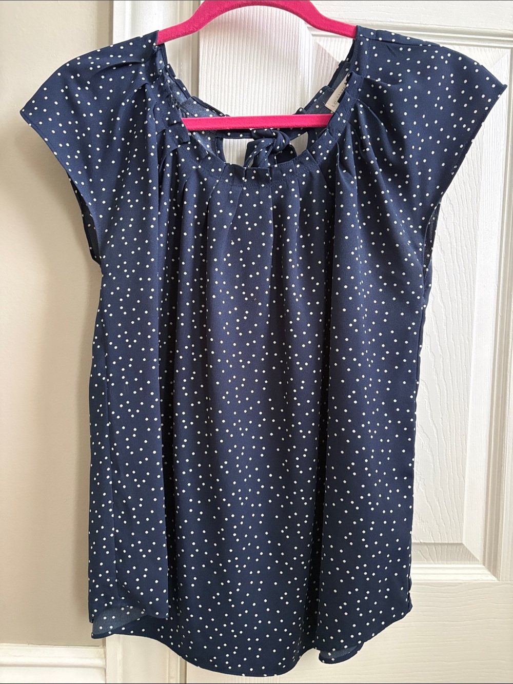 LC Lauren Conrad Navy with White Polka Dot Cap-Sleeve Blouse